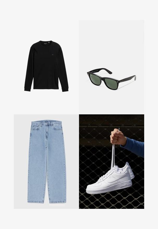 Giacca in pelle nera con texture liscia, colletto, zip frontale e due tasche laterali con zip. Design semplice e strutturato.; T-shirt a maniche lunghe nera realizzata in tessuto morbido; presenta un collo rotondo, polsini a costine e un piccolo logo sul petto per dettagli.; Jeans in denim azzurro chiaro con design a gamba dritta, caratterizzati da una vita media, cinque tasche e chiusura con bottone e zip.; Sneakers in pelle bianca con perforazioni, punta rotonda, suola piatta e lacci spessi, con logo swoosh visibile e "AIR" sul tallone.; Occhiali da sole in plastica nera con lenti verdi, montatura quadrata, dettaglio argento sulla parte superiore e steli con texture. Marchio indicato sulla parte interna dello stelo.