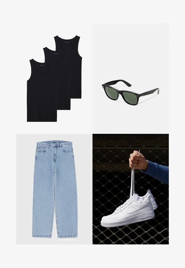 Schwarze Lederjacke mit glatter Textur, Kragen, Front-Reißverschluss und zwei seitlichen Reißverschlusstaschen. Einfaches, strukturiertes Design.; Drei schwarze Baumwolltanktops mit gerippter Textur, runder Halslinie und ohne Ärmel, ordentlich gestapelt.; Hellblaue Jeans aus Denim mit geradem Bein, ausgestattet mit einer mittelhohen Taille, fünf Taschen sowie einem Knopf- und Reißverschluss.; Weiße Leder-Sneaker mit Perforationen, runder Zehenpartie, flacher Sohle und dicken Schnürsenkeln, mit sichtbar eingesticktem Swoosh-Logo und "AIR" an der Ferse.; Schwarze Plastiksonnenbrille mit grünen Gläsern, quadratischen Rahmen, silbernem Akzent auf der Augenbraue und strukturierten Bügeln. Angegebene Marke auf dem inneren Bügel.