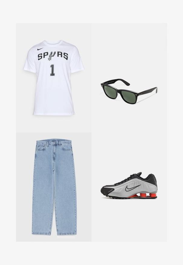 Must must naht, mille tekstuuri, krae, ees luku ja kaks külgmist lukuga taskut. Lihtne, struktureeritud disain.; Valge puuvillane T-särk, millel on must tekst "SPURS" ja number "1", ning logo aktsent vasakul üleval. Ümmargune kaelus, lühikesed varrukad.; Heled sinise denimi sirgete põlvede lõikega teksad, millel on keskmise kõrgusega vöökoht, viis taskut ning nööbid ja tõmblukk.; Mustmust ja hõbedane sportlik king, millel on tekstureeritud pealispind, väljastunud sooned ja punased pehmenduselemendid kandadel toe pakkumiseks. Madal disain.; Mustad mustan plastiku prillid roheliste läätsedega, ruudukujulised raamid, hõbedane aksent kulmude peal ja tekstuuriga tempelkäed. Brändi nimi on märgitud sisevarrele.