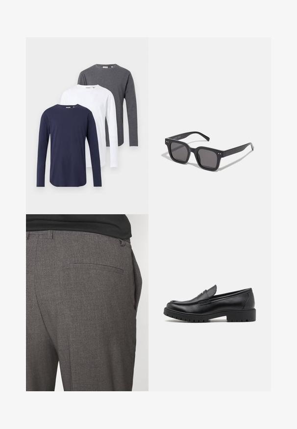 Black leather jacket with a smooth texture, collared neckline, front zipper, and two side zippered pockets. Simple, structured design.; Three long-sleeve t-shirts in navy, white, and grey. Made of cotton, featuring round necklines and straight hems.; Gray tailored trousers with a smooth texture, featuring a single back pocket and a slim fit design. Fabric has a subtle pattern.; Black leather loafers with a rounded toe, slip-on design, and thick rubber sole featuring a textured grip. Elevated heel and subtle stitching details.; Black rectangular sunglasses with dark lenses, featuring a thick frame, subtle accents on the sides, and no visible logos beyond the brand name.; Canvas tote bag in light beige with two sturdy handles, contrasting white trim, and logo "THE NORTH FACE" in black at the front.