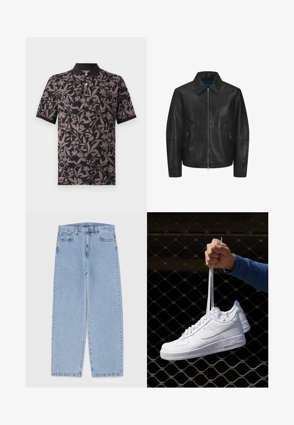 Musta nahkatakki, jossa on sileä pinta, kauluksellinen kaula-aukko, etujakaja ja kaksi sivussa olevaa vetoketjullista taskua. Yksinkertainen, rakenteellinen muotoilu.; Musta polo paita, jossa on kukkakuosi harmaan sävyissä. Ominaisuuksiin kuuluu kaulus, lyhyet hihat ja kolmonen nappia.; Vaaleansiniset farkut suoran lahkeen muotoilulla, joissa on puolivälin vyötärö, viisi taskua sekä nappi- ja vetoketjusuljenta.; Valkoiset nahkasneakersit, joissa on rei'ityksiä, pyöreä kärki, tasapohja ja paksut nauhat, joissa on näkyvä swoosh-logo ja "AIR" kantapäässä.