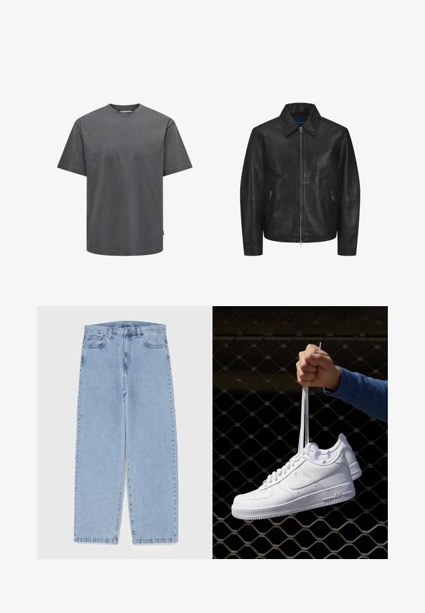Black leather jacket with a smooth texture, collared neckline, front zipper, and two side zippered pockets. Simple, structured design.; Grey cotton t-shirt with a round crew neckline and short sleeves. Features a regular fit and plain texture with no visible patterns or accents.; Light blue denim jeans with straight leg design, featuring a mid-rise waist, five pockets, and a button and zipper closure.; White leather sneakers with perforations, round toe, flat sole, and thick laces, featuring a visible swoosh logo and "AIR" on the heel.