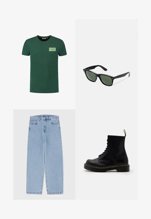 Črna usnjena jakna z gladko teksturo, s ovratnikom, sprednjim zadrgo in dvema stranskima žepoma z zadrgo. Enostaven, strukturen dizajn.; Zelena bombažna majica z okroglim izrezom, kratkimi rokavi in grafičnim tiskom sardel na nalepki na levem prsnem delu.; Svijetloplave traperice s ravnim nogavicama, srednjeg struka, pet džepova te zatvaranjem na gumb i munju.; Črne usnjene gležnjarje z vezalkami spredaj, rumenim šivom, zaobljenim nosom in debelim, teksturiranim gumijastim podplatom.; Črne plastične sončna očala z zelenimi lečami, kvadratni okvirji, srebrni detajl na obrvi in teksturirani ročaji. Blagovna znamka navedena na notranji strani ročaja.