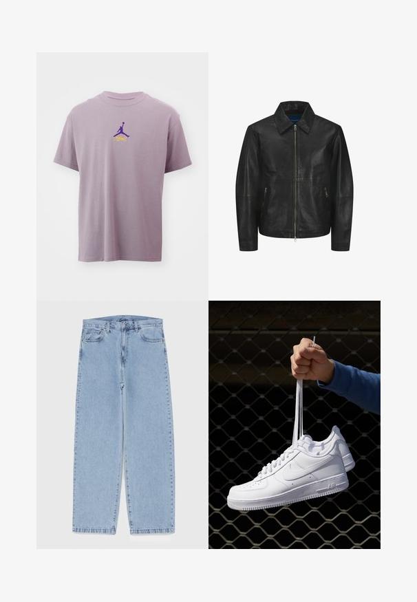 Melna ādas jaka ar gludu tekstūru, apkakles dekoltē, priekšējo rāvējslēdzēju un divām sānu kabatām ar rāvējslēdzēju. Vienkāršs, strukturēts dizains.; Nike Performance NBA LOS ANGELES LAKERS JORDAN STATEMENT TEE - Apdrukāts T-krekls - purple smoke; Gai zila džinsu bikses ar taisnu kāju dizainu, kas piedāvā vidēju vidukļa augstumu, piecas kabatas un pogas un rāvējslēdzēja aizdari.; Baltas ādas sporta apavi ar perforācijām, apaļu purngali, plakanu zoli un biezām šņorēm, ar redzamu swoosh logo un vārdu "AIR" uz papēža.