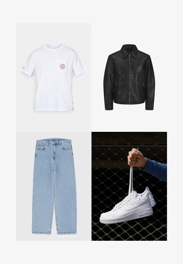 Juodas odinis švarkas su glotnia tekstūra, apykakle, priekiniais užtrauktukais ir dviem šoninėmis kišenėmis su užtrauktuku. Paprastas, struktūruotas dizainas.; Balta medvilnės marškinėliai su apvalia iškirpte, trumpomis rankovėmis ir priekiu kišenė, kuriame yra raudonas ir mėlynas logotipas. Standartinė forma.; Šviesiai mėlyni džinsai su tiesiomis kojomis, turintys vidutinio aukščio juosmenį, penkias kišenes ir mygtuko bei užtrauktuko uždarymą.; Balti odiniai sportiniai bateliai su perforacijomis, apvalia nosimi, plokščiu padu ir storomis raištelėmis, su matomu swoosh logotipu ir "AIR" ant kulno.