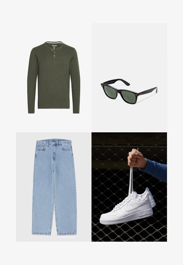 Giacca in pelle nera con texture liscia, colletto, zip frontale e due tasche laterali con zip. Design semplice e strutturato.; Solid SDVOLKO - Maglietta a manica lunga - olive; Jeans in denim azzurro chiaro con design a gamba dritta, caratterizzati da una vita media, cinque tasche e chiusura con bottone e zip.; Sneakers in pelle bianca con perforazioni, punta rotonda, suola piatta e lacci spessi, con logo swoosh visibile e "AIR" sul tallone.; Occhiali da sole in plastica nera con lenti verdi, montatura quadrata, dettaglio argento sulla parte superiore e steli con texture. Marchio indicato sulla parte interna dello stelo.