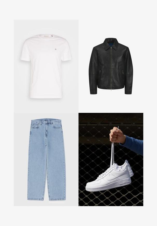 Giacca in pelle nera con texture liscia, colletto, zip frontale e due tasche laterali con zip. Design semplice e strutturato.; T-shirt bianco in cotone con colletto tondo, maniche corte e un piccolo logo ricamato sul petto. Texture morbida, design semplice.; Jeans in denim azzurro chiaro con design a gamba dritta, caratterizzati da una vita media, cinque tasche e chiusura con bottone e zip.; Sneakers in pelle bianca con perforazioni, punta rotonda, suola piatta e lacci spessi, con logo swoosh visibile e "AIR" sul tallone.