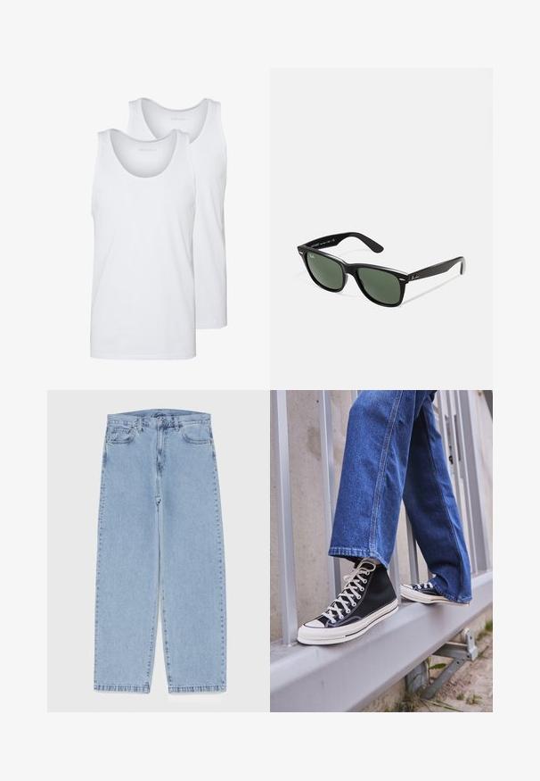 Schwarze Lederjacke mit glatter Textur, Kragen, Front-Reißverschluss und zwei seitlichen Reißverschlusstaschen. Einfaches, strukturiertes Design.; Weiße Baumwoll-Tanktops mit runden Ausschnitten und glatter Textur. Zwei Stücke ausgestellt, beschriftet mit "PIER ONE."; Hellblaue Jeans aus Denim mit geradem Bein, ausgestattet mit einer mittelhohen Taille, fünf Taschen sowie einem Knopf- und Reißverschluss.; Schwarze High-Top-Sneaker mit weißer Sohle und Schnürsenkeln, kombiniert mit lockeren blauen Jeans, die auf einem grauen Geländer ruhen.; Schwarze Plastiksonnenbrille mit grünen Gläsern, quadratischen Rahmen, silbernem Akzent auf der Augenbraue und strukturierten Bügeln. Angegebene Marke auf dem inneren Bügel.