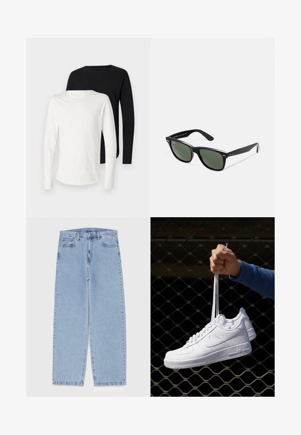 Schwarze Lederjacke mit glatter Textur, Kragen, Front-Reißverschluss und zwei seitlichen Reißverschlusstaschen. Einfaches, strukturiertes Design.; Zwei langärmlige T-Shirts: eines in Weiß, eines in Schwarz. Aus weichem Stoff, mit runden Ausschnitten und eng anliegenden Ärmeln.; Hellblaue Jeans aus Denim mit geradem Bein, ausgestattet mit einer mittelhohen Taille, fünf Taschen sowie einem Knopf- und Reißverschluss.; Weiße Leder-Sneaker mit Perforationen, runder Zehenpartie, flacher Sohle und dicken Schnürsenkeln, mit sichtbar eingesticktem Swoosh-Logo und "AIR" an der Ferse.; Schwarze Plastiksonnenbrille mit grünen Gläsern, quadratischen Rahmen, silbernem Akzent auf der Augenbraue und strukturierten Bügeln. Angegebene Marke auf dem inneren Bügel.
