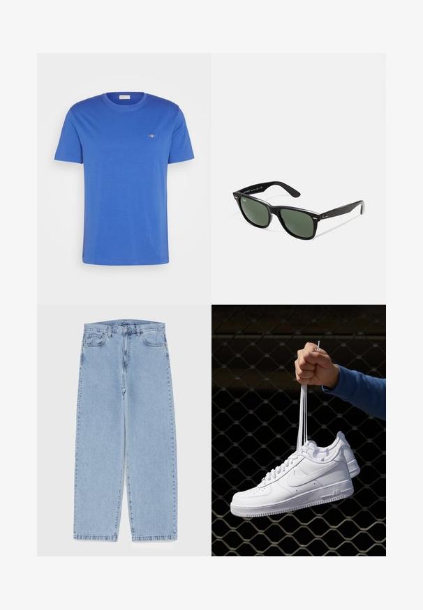 Černá kožená bunda s hladkým povrchem, límečkem, předním zipem a dvěma bočními kapsami na zip. Jednoduchý, strukturovaný design.; Modré tričko s krátkým rukávem vyrobené z bavlny. Má kulatý výstřih a malé logo vyšívané na hrudi. Hladká struktura.; Světle modré džíny s rovnými nohavicemi, středním pasem, pěti kapsami a zapínáním na knoflík a zip.; Bílé kožené tenisky s perforacemi, kulatou špičkou, plochou podrážkou a silnými tkaničkami, které mají viditelné logo swoosh a nápis "AIR" na patě.; Černé plastové sluneční brýle se zelenými skly, čtvercové obroučky, stříbrný detail na obočí a texturované stranice. Značka uvedená na vnitřní straně stranic.