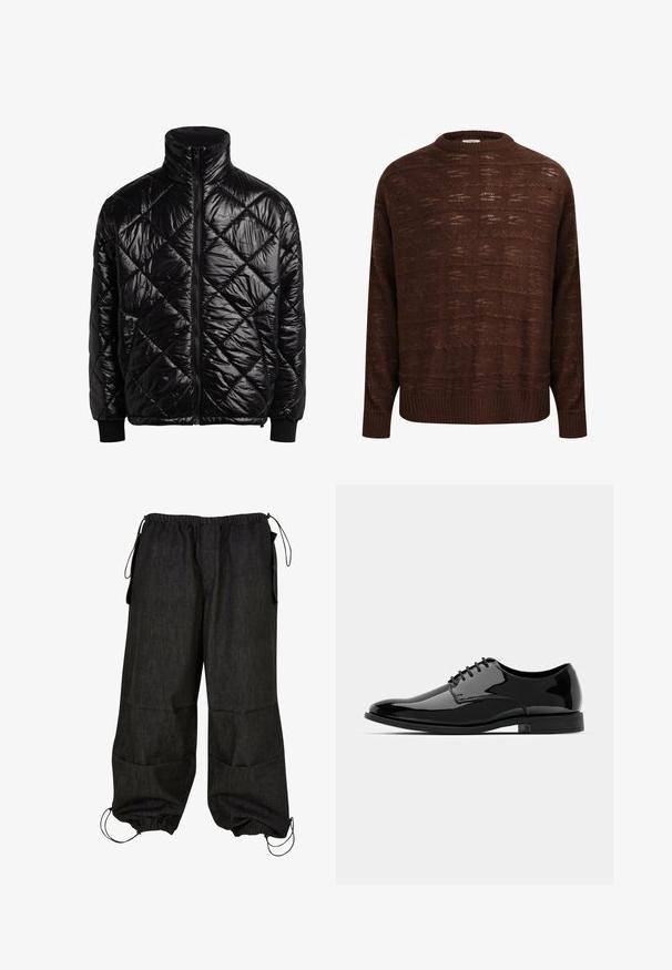 Juodas paklotas švarkas su aukštu apykakle, priekine užtrauktuko uždarymo sistema ir tekstūruotu rombų raštu. Medžiaga atrodo blizgi ir lygi.; Rudas megztinis su tekstūrine rašte ir horizontaliomis juostelėmis, apvaliu iškirpimu bei gumuotais rankogalviais ir apačia.; Juodos, laisvo kirpimo cargo kelnės su elastinga juosmena, šoninėmis kišenėmis ir reguliuojamu sutraukimu apačioje. Pagamintos iš tvirto denimo audinio.; Juodas lakinės odos suknelės bateliai su apvaliu priekiu, su raišteliais ir lygiu, blizgiu paviršiumi. Turi žemą guminį padas.