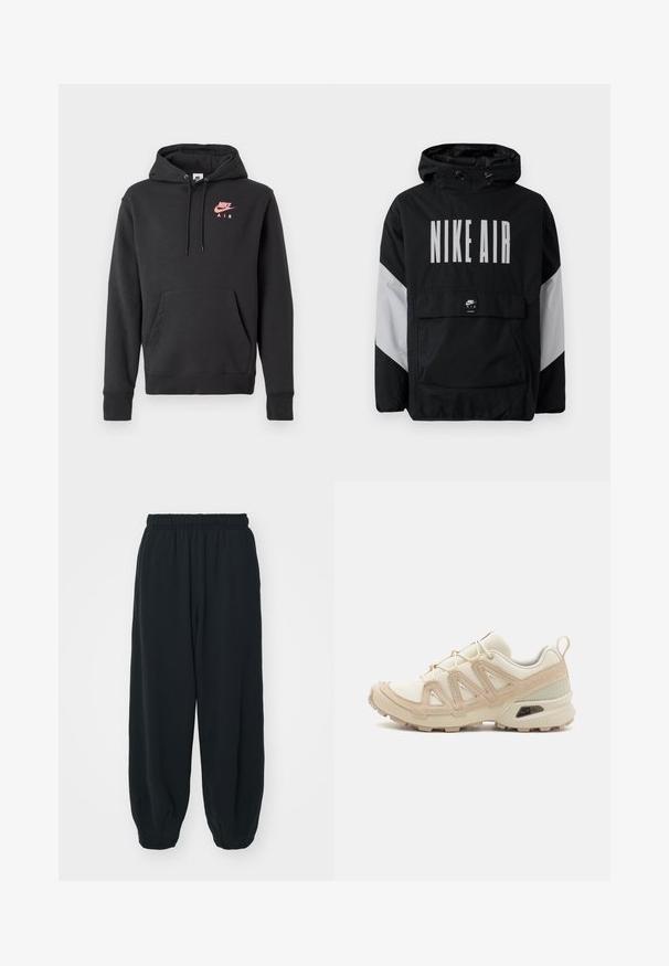 Melnā vēja necaurlaidīgā jaka ar kapuci, uz kuras ir liels balts uzraksts "NIKE AIR". Pelēki akcenti uz pleciem un priekšējā kabata. Moderns dizains.; Melnā Nike Air kapuce ar priekšējo kabatu, kapuces auklu un rozā logotipu uz krūšu daļas, attēlota uz vienkārša balta fona.; Melnas sporta bikses ar elastīgu jostasvietu, brīvu piegriezumu, aprocēm ap potītēm, gludu tekstūru, un bez redzamām rakstu vai aparatūras akcentiem.; Beige un krēma sporta apavi ar strukturētu tīkla virsmu, atbalstošajiem slāņiem un gumijas zoli ar protektoru rakstu, kas nodrošina saķeri.