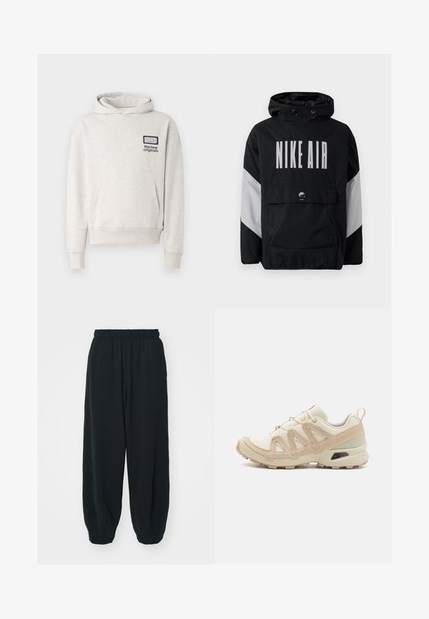 Svart vindjacka med huva, med "NIKE AIR" i stora vita bokstäver. Grå detaljer på axlarna och en framficka. Smidig design.; Ljusgrå hoodie i mjukt tyg. Har en känguruficka och ribbade muddar. Inkluderar en tryckt logotyp i mörkblått på bröstet.; Svarta, elastiska sweatpants med lös passform, mudd vid anklarna, slät textur och utan synliga mönster eller detaljer i metall.; Beige och krämfärgad atletisk sko med texturerad meshovandel, stöttande överdrag och gummisulor med ett mönster för grepp.
