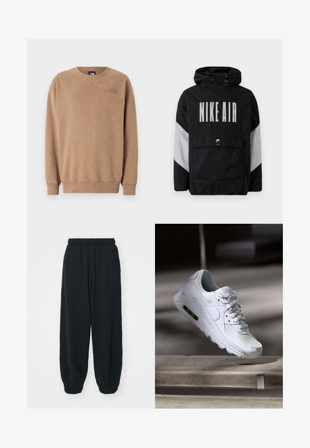 Černá větrovka s kapucí, na které je velký nápis "NIKE AIR" bílou barvou. Šedé akcenty na ramenech a přední kapsa. Elegantní design.; Hnědá mikina s kulatým výstřihem vyrobená z měkkého materiálu. Obsahuje žebrované manžety a lem, s malou nášivkou loga na hrudi. Hladká textura.; Černé teplákové kalhoty s elastickým pasem, volným střihem, manžetami na kotnících, hladkým povrchem a bez viditelných vzorů či kovových detailů.; Bílé tenisky Nike Air Max 90 s vrchním materiálem z textilu a kůže, perforovanou špičkou a viditelnou vzduchovou jednotkou v patě.