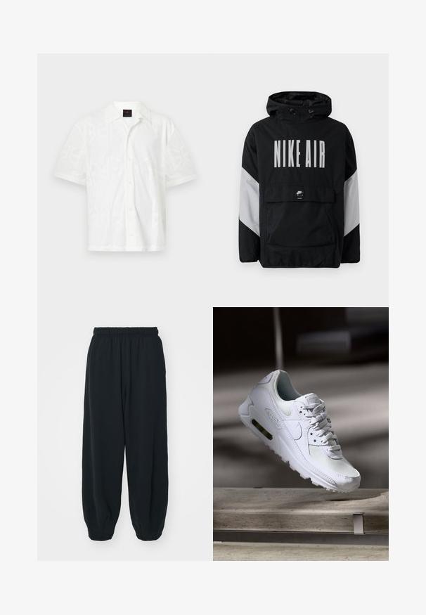 Must värvusega tuulejope kapuutsiga, millel on suurtes valgetes tähtedes "NIKE AIR". Hallid aktsendid õlgadel ja eesmine taskupõhi. Suletud disain.; Lühikeste varrukatega valge nööpidega särk, millel on peen geomeetriline muster, valmistatud kergest kangast, tavalise kraega ja ees nööpidel.; Mustade elastse vöökoha ja laia lõikega dressipüksid, mansetiga sääred, sile tekstuur ning ilma nähtavate mustrite või detailideta.; Valged Nike Air Max 90 sneakers, millel on võrkkangast ja nahast ülemine osa, aukudega varbadosa ning nähtav õhuüksus kandades.