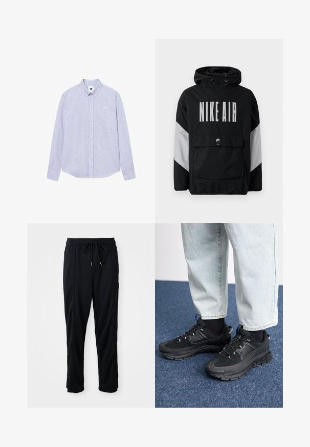 Fekete szélálló dzseki kapucnival, nagyméretű fehér "NIKE AIR" felirattal. Szürke díszítéssel a vállakon és egy elülső zsebbel. Elegáns kialakítás.; Kék és fehér csíkozott, hosszú ujjú ing, gombos gallérral, mellzsebbel és logóval a bal oldalon. Pamut anyagból készült.; Fekete húzózsinóros, kényelmes nadrág oldalsó varrású zsebekkel és egyenes szabással, egyszínű háttéren.; Fekete sportcipők texturált anyaggal és gumitalppal, elasztikus fűzőkkel és kék kiegészítővel a saroknál. Világos farmernadrággal viselve.