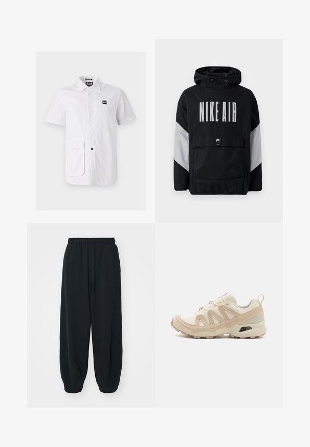 Cazadora negra con capucha, que presenta "NIKE AIR" en grandes letras blancas. Acentos grises en los hombros y un bolsillo frontal tipo pouch. Diseño elegante.; Camisa blanca de manga corta hecha de algodón, con un cuello de botón, bolsillo frontal y un pequeño parche de logo negro.; Pantalones de chándal negros con cintura elástica, de corte holgado, con puños en los tobillos, textura suave y sin patrones visibles ni acentos metálicos.; Zapatilla deportiva beige y crema con parte superior de malla texturizada, superposiciones de soporte y suela de goma con un patrón de tracción.