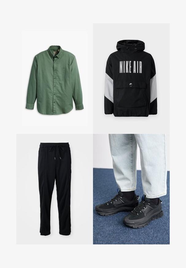 Melnā vēja necaurlaidīgā jaka ar kapuci, uz kuras ir liels balts uzraksts "NIKE AIR". Pelēki akcenti uz pleciem un priekšējā kabata. Moderns dizains.; Levi's® AUTHENTIC BUTTON DOWN - Krekls - mill forest; Melnas bikses ar aukliņu jostas vietā, ar sānu kabatām un taisnu kāju griezumu uz vienkrāsaina fona.; Melni sporta apavi ar strukturētu audumu un gumijas zoli, ar elastīgām auklām un zilu akcentu uz papēža. Nēsāti ar gaišām džinsu biksēm.