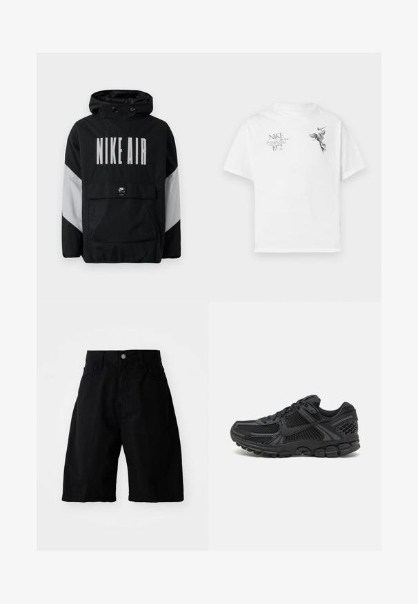 Čierna vetrovka s kapucňou, s veľkým bielym nápisom "NIKE AIR". Šedé akcenty na pleciach a predná vrecko na zips. Elegantný dizajn.; Biela bavlnená tričko s čiernym grafickým potlačou krídelnej postavy a textom, s okrúhlym výstrihom a krátkymi rukávmi.; Čierne bavlnené šortky majú uvoľnený strih, dve bočné vrecká, zapínanie na gombík a čisté okraje, vhodné na neformálne nosenie.; Čierna športová obuv s vrchnou časťou z sieťoviny, gumovou podrážkou a textúrovanými prvkami. Dizajn zahŕňa výrazný systém šnurovania a polstrovanú podrážku.