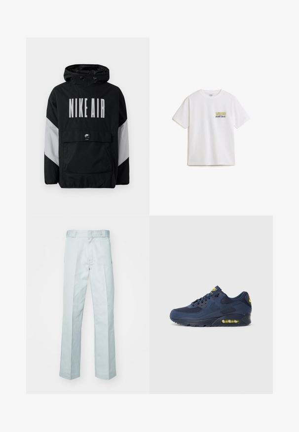 Sort vindjakke med hætte, der har "NIKE AIR" i store hvide bogstaver. Grå detaljer på skuldrene og en frontlomme. Slankt design.; Hvid bomulds T-shirt med korte ærmer, der har et gult og sort "VANS"-logo og "custom classic" tekst på venstre brystområde.; Lysblå bomuldsbukser med lige ben design, prydet med diskrete folder og en glat tekstur, afsluttet med et standard taljebånd.; Mørkeblå Nike Air Max sneakers med overdel i ruskind og mesh, med gule detaljer, snørelukning foran og synligt luftdæmpning i sålen.