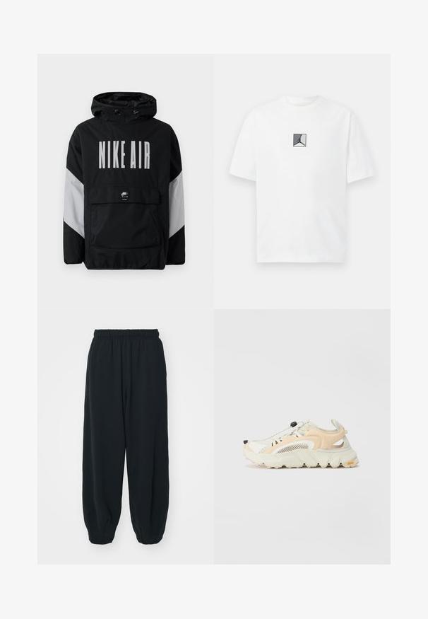 Fekete szélálló dzseki kapucnival, nagyméretű fehér "NIKE AIR" felirattal. Szürke díszítéssel a vállakon és egy elülső zsebbel. Elegáns kialakítás.; Fehér pamut póló, középen fekete és szürke logó grafikával. Klasszikus kerek nyakkivágás, rövid ujjú, laza szabású.; Fekete, rugalmas derékpántos melegítőnadrág, laza fit, véget érő szárakkal, sima textúrával, látható minták vagy hardver díszek nélkül.; Könnyű sportcipők bézs és fehér színben, hálós felsőrészük van, texturált talppal, rugalmas fűzési rendszerrel és kiemelkedő saroktámasszal.