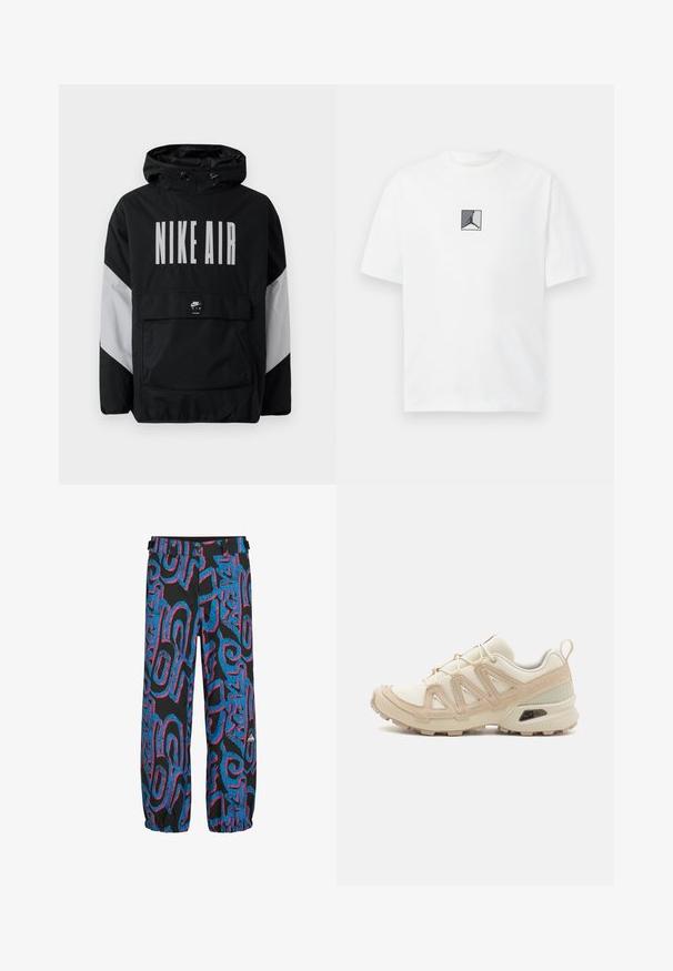 Czarna kurtka przeciwwiatrowa z kapturem, z dużym białym napisem "NIKE AIR". Szare akcenty na ramionach oraz kieszeń z przodu. Elegancki design.; Biała bawełniana koszulka z centralnym czarno-szarym logo. Klasyczny okrągły dekolt i krótkie rękawy w luźnym fasonie.; Czarne spodnie z jasnoniebieskimi i różowymi abstrakcyjnymi wzorami. Posiadają elastyczne mankiety oraz pas z dwoma regulowanymi paskami i guzikami.; Beżowe i kremowe buty sportowe z teksturowanej siateczki, wspierającymi nakładkami oraz gumową podeszwą z wzorem bieżnika zapewniającym przyczepność.