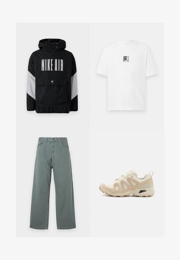 Jachetă neagră tip windbreaker cu glugă, având inscriptionat "NIKE AIR" cu litere mari albe. Accente gri pe umeri și un buzunar frontal tip pouch. Design elegant.; Tricou alb din bumbac, cu un grafic central în tonuri de negru și gri. Guler clasic tip crew și mâneci scurte, cu o potrivire lejeră.; Pantaloni largi din bumbac verde desaturat, având un tiv clasic, bucle pentru curea, buzunare frontale și detalii de cusătură contrastante.; Pantofii sport bej și crem au un superior din plasă texturată, suprapuneri de susținere și o talpă din cauciuc cu un model de profil pentru aderență.