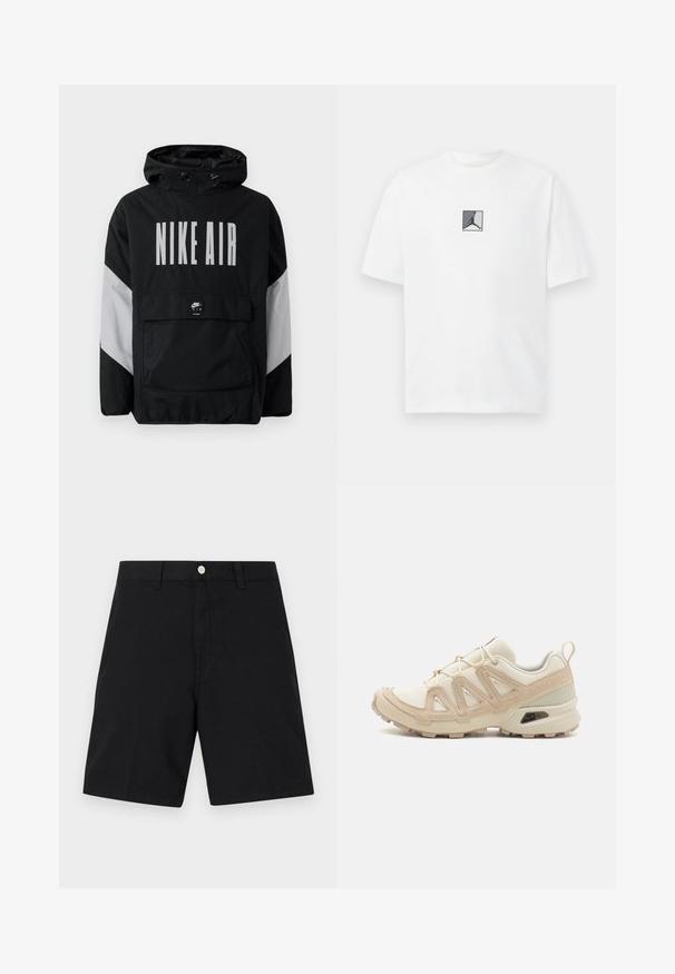 Crna jakna s kapuljačom, s natpisom "NIKE AIR" velikim bijelim slovima. Sivi akcenti na ramenima i prednji džep. Elegantni dizajn.; Bijela pamučna majica s središnjim crno-sivim logotipom. Klasičan okrugli izrez i kratki rukavi s opuštenim krojem.; Crne pamučne šortse s pojasom i srebrnim gumbom, ravnog kroja i minimalnim šavnim detaljima za čist izgled.; Bež i kremasti sportski tenisice s teksturiranim mrežastim gornjim dijelom, potpornih preklopa i gumeni potplat s uzorcima za prianjanje.