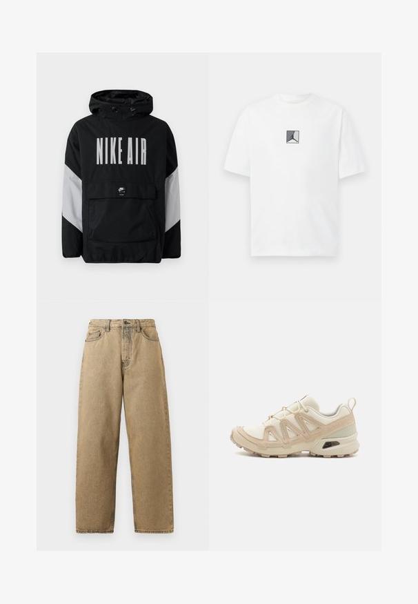 Must värvusega tuulejope kapuutsiga, millel on suurtes valgetes tähtedes "NIKE AIR". Hallid aktsendid õlgadel ja eesmine taskupõhi. Suletud disain.; Valge puuvillane T-särk, millel on keskel must ja hall logo graafika. Klasikaline ümmargune kaelus ja lühikesed varrukad, millel on mugav lõige.; Kreemjatavad teksapüksid sirge jala disainiga, varustatud lukuga, vöödega ja kontrastsete õmblustega. Pole märgatavaid mustreid ega seadmeid.; Beež ja koobalti spordijalats tekstureeritud võrkkattega, toetavad ülemised kihid ja kummist tallaga, millel on mustriga joonistus haardeks.