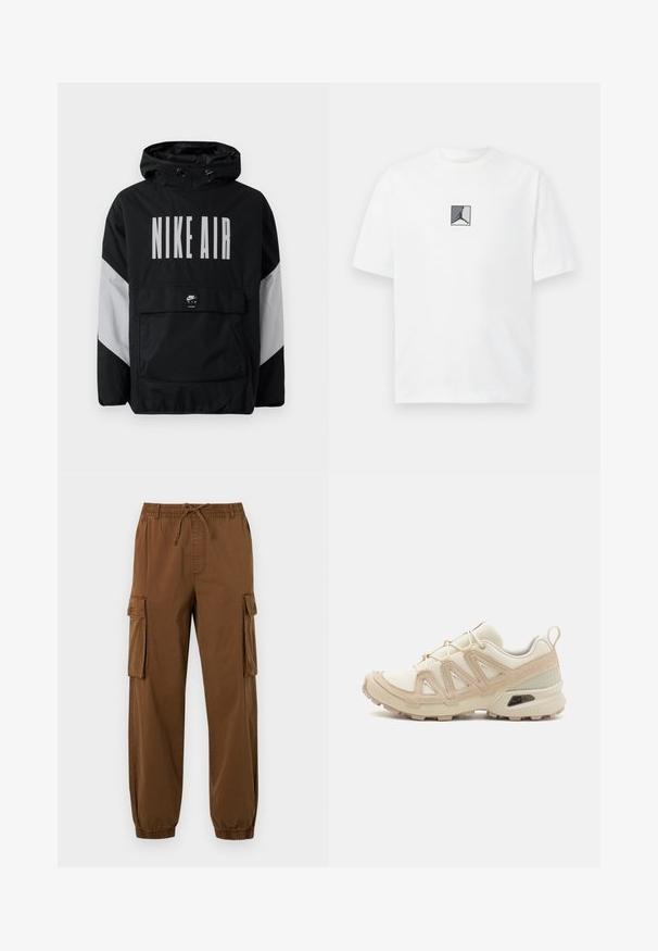 Fekete szélálló dzseki kapucnival, nagyméretű fehér "NIKE AIR" felirattal. Szürke díszítéssel a vállakon és egy elülső zsebbel. Elegáns kialakítás.; Fehér pamut póló, középen fekete és szürke logó grafikával. Klasszikus kerek nyakkivágás, rövid ujjú, laza szabású.; Barna cargo nadrág könnyű anyagból, rugalmas derékkal és zsinórral, oldalsó zsebekkel és szűkített szárakkal.; Beige és krém színű sportcipő, texturált hálós felsőrésszel, támogató burkolattal és gumitalppal, amely tapadás érdekében bordázott mintázattal rendelkezik.
