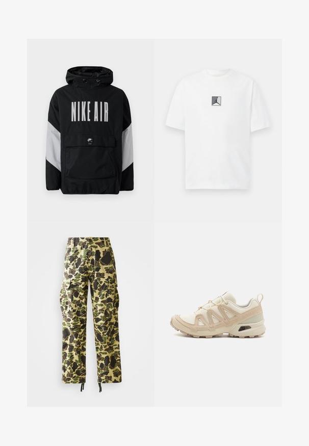 Juodas vėjaraščių striukė su kapišonu, ant kurio užrašyta "NIKE AIR" didelėmis baltomis raidėmis. Pilki akcentai ant pečių ir priekinė kišenė. Modernus dizainas.; Balta medvilnės marškinėliai su centriniu juodu ir pilku logotipu. Klasikinis apvalus kaklas ir trumpomis rankovėmis, laisvas kirpimas.; Vyrų tiesaus kirpimo krovinių kelnės su žaliu, ruduo ir smėlio spalvos kamufliažo raštu, mygtukų uždarymu, šoninėmis kišenėmis ir raištelių apačia.; Bežinės ir kreminės spalvos sportinės bateliai su tekstūruoto tinklelio viršutine dalimi, palaikančiomis detalėmis ir guminiais padais, turinčiais raštą, užtikrinantį sukibimą.