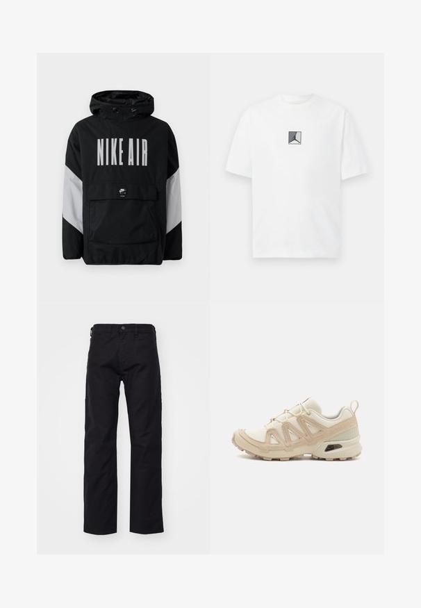 Černá větrovka s kapucí, na které je velký nápis "NIKE AIR" bílou barvou. Šedé akcenty na ramenech a přední kapsa. Elegantní design.; Bílý bavlněný tričko s centrálním černobílým a šedým logo grafickým prvkem. Klasický kulatý výstřih a krátké rukávy s volným střihem.; Černé plátěné kalhoty se středovým střihem, obsahující zapínání na knoflík vpředu, poutka na opasek a boční kapsy. Textura je hladká a odolná.; Béžová a krémová sportovní obuv s texturovaným síťovaným svrškem, podpůrnými překryvy a gumovou podrážkou s dezénem pro lepší přilnavost.