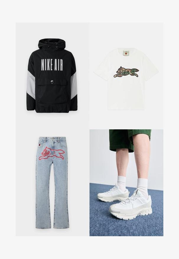 Juodas vėjaraščių striukė su kapišonu, ant kurio užrašyta "NIKE AIR" didelėmis baltomis raidėmis. Pilki akcentai ant pečių ir priekinė kišenė. Modernus dizainas.; Baltos medvilnės marškinėliai su dideliu šokantčio lapino grafinu kamufliažo spalvų, apibrėžtu juoda. Trumpomis rankovėmis ir apvaliu iškirpimu.; Šviesiai mėlyni džinsai su tiesiomis kojomis, turintys didelę raudoną karikatūrinio katino grafiką ant nugaros ir tradiciniu penkių kišenių dizainu.; Baltos sportinės bateliai su tekstūruotais uždengimais, masyviu padu ir pilkais akcentais. Dėvimi su baltais trumpais kojiniais ir žaliais šortais mėlyname paviršiuje.