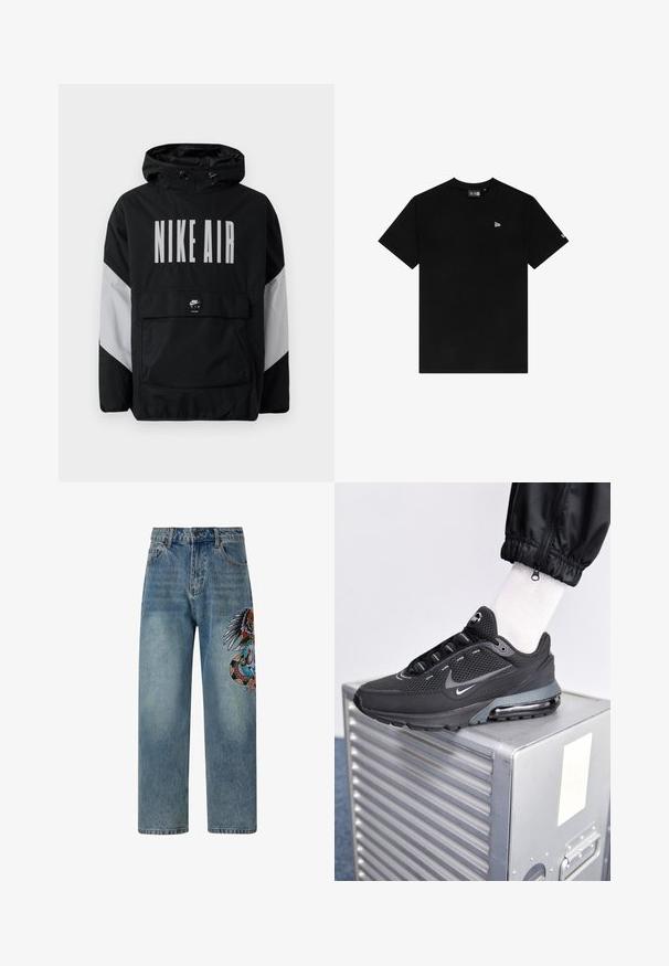 Černá větrovka s kapucí, na které je velký nápis "NIKE AIR" bílou barvou. Šedé akcenty na ramenech a přední kapsa. Elegantní design.; Černé bavlněné tričko s kulatým výstřihem, krátkými rukávy, s malým bílým logem na levé hrudi a bez dalších vzorů nebo akcentů.; Ed Hardy SKULL SNAKE EAGLE TATTOO GRAPHIC - Džíny Relaxed Fit - bleach; Nike Sportswear PULSE - Tenisky - black/anthracite