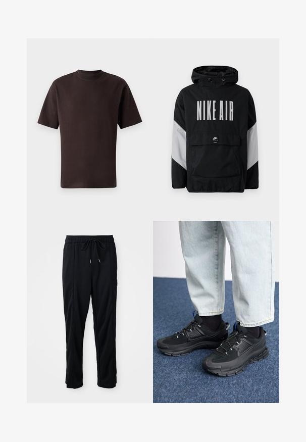 Svart vindjakke med hette, med "NIKE AIR" i store hvite bokstaver. Grå detaljer på skuldrene og en lomme foran. Strømlinjeformet design.; Mørkebrun kortermet T-skjorte laget av myk bomull, med rund hals og en løs passform uten synlige mønstre eller detaljer.; Svarte casual bukser med strikk i livet, sidelommer og rett bein på en ensfarget bakgrunn.; Svarte sportssko med teksturert stoff og gummisåler, med elastiske lisser og en blå detalj på hælen. Brukt med lyse denimbukser.