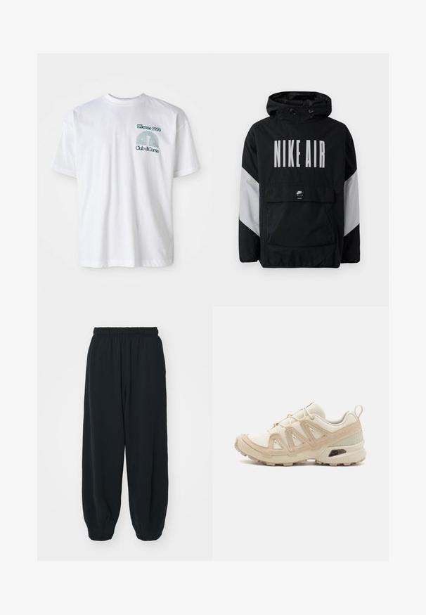 Melnā vēja necaurlaidīgā jaka ar kapuci, uz kuras ir liels balts uzraksts "NIKE AIR". Pelēki akcenti uz pleciem un priekšējā kabata. Moderns dizains.; Balts kokvilnas T-krekls ar apaļu kaklu, īsām piedurknēm un izšūtu tekstu un grafiku tirkīza krāsā ar uzrakstu "Ellesse 1959 Club di Corsa."; Melnas sporta bikses ar elastīgu jostasvietu, brīvu piegriezumu, aprocēm ap potītēm, gludu tekstūru, un bez redzamām rakstu vai aparatūras akcentiem.; Beige un krēma sporta apavi ar strukturētu tīkla virsmu, atbalstošajiem slāņiem un gumijas zoli ar protektoru rakstu, kas nodrošina saķeri.