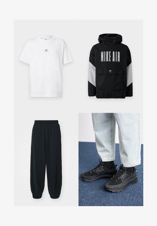 Black windbreaker jacket with a hood, featuring "NIKE AIR" in large white text. Grey accents on shoulders and a front pouch pocket. Sleek design.; White cotton t-shirt with a round neckline and short sleeves. Features a small brown and white logo patch on the chest.; Black, elasticated-waist sweatpants with a loose fit, cuffed ankles, smooth texture, and no visible patterns or hardware accents.; Black athletic shoes with textured fabric and rubber soles, featuring elastic laces and a blue accent on the heel. Worn with light denim pants.