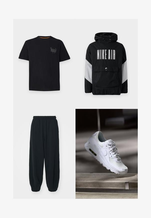 Must värvusega tuulejope kapuutsiga, millel on suurtes valgetes tähtedes "NIKE AIR". Hallid aktsendid õlgadel ja eesmine taskupõhi. Suletud disain.; Mustmust valge t-särk ümarate kaeluste, lühikeste varrukate ning halli tekstuuriga logoga vasakul rinnal. Silky kangas ja tavaline lõige.; Mustade elastse vöökoha ja laia lõikega dressipüksid, mansetiga sääred, sile tekstuur ning ilma nähtavate mustrite või detailideta.; Valged Nike Air Max 90 sneakers, millel on võrkkangast ja nahast ülemine osa, aukudega varbadosa ning nähtav õhuüksus kandades.