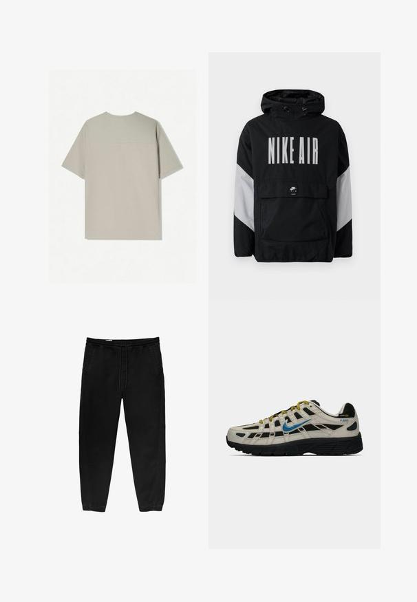 Sort vindjakke med hætte, der har "NIKE AIR" i store hvide bogstaver. Grå detaljer på skuldrene og en frontlomme. Slankt design.; Beige bomulds T-shirt med korte ærmer. Har et enkelt design og en rund halsudskæring. Glat tekstur med minimal syning på bagsiden.; Sorte elastiske bukser med snøre i taljen, tapered ben, sidelommer og subtile side-syning detaljer. Blød bomuldsstof struktur.; Beige og sort Nike P-6000 sneaker med blå swoosh, gule snørebånd, sort sål og Cordura-stofmærke på hælen.