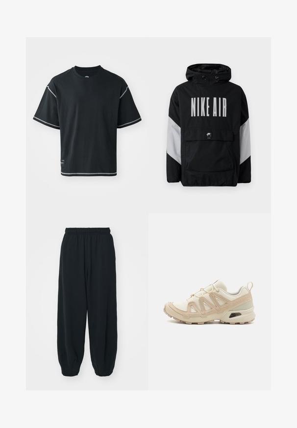 Fekete szélálló dzseki kapucnival, nagyméretű fehér "NIKE AIR" felirattal. Szürke díszítéssel a vállakon és egy elülső zsebbel. Elegáns kialakítás.; Fekete, laza szabású póló, pamutból készült. Rövid ujjak, kerek nyak és kontrasztos fehér varrás található a vállaknál és az alján.; Fekete, rugalmas derékpántos melegítőnadrág, laza fit, véget érő szárakkal, sima textúrával, látható minták vagy hardver díszek nélkül.; Beige és krém színű sportcipő, texturált hálós felsőrésszel, támogató burkolattal és gumitalppal, amely tapadás érdekében bordázott mintázattal rendelkezik.