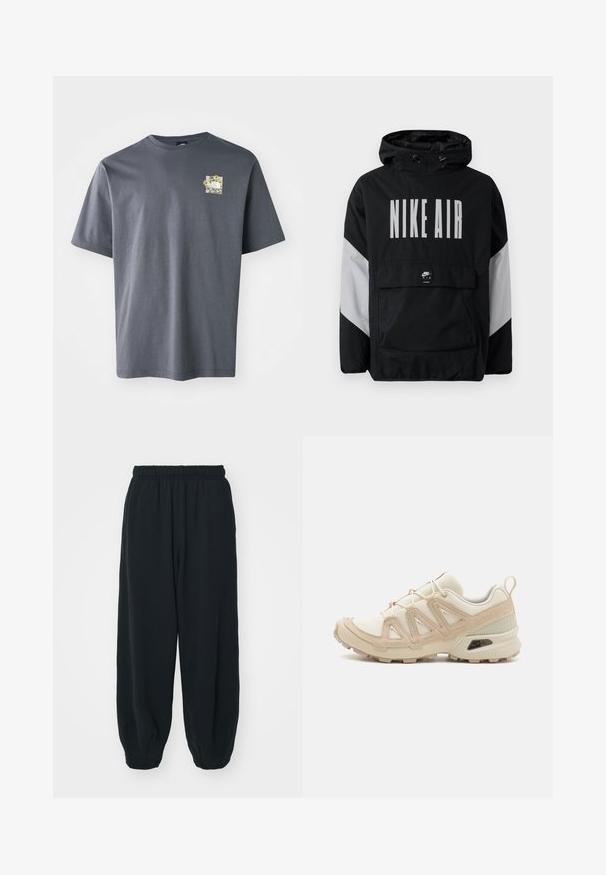 Jachetă neagră tip windbreaker cu glugă, având inscriptionat "NIKE AIR" cu litere mari albe. Accente gri pe umeri și un buzunar frontal tip pouch. Design elegant.; Tricou scurt gri, din bumbac, cu un mic grafic floral pe piept. Design cu guler rotund, textură moale și croială lejeră.; Pantaloni de trening negri, cu talie elastică, cu o croială lejeră, la baza pantaloni fiind strânși, având o textură netedă și fără modele sau accente metalice vizibile.; Pantofii sport bej și crem au un superior din plasă texturată, suprapuneri de susținere și o talpă din cauciuc cu un model de profil pentru aderență.