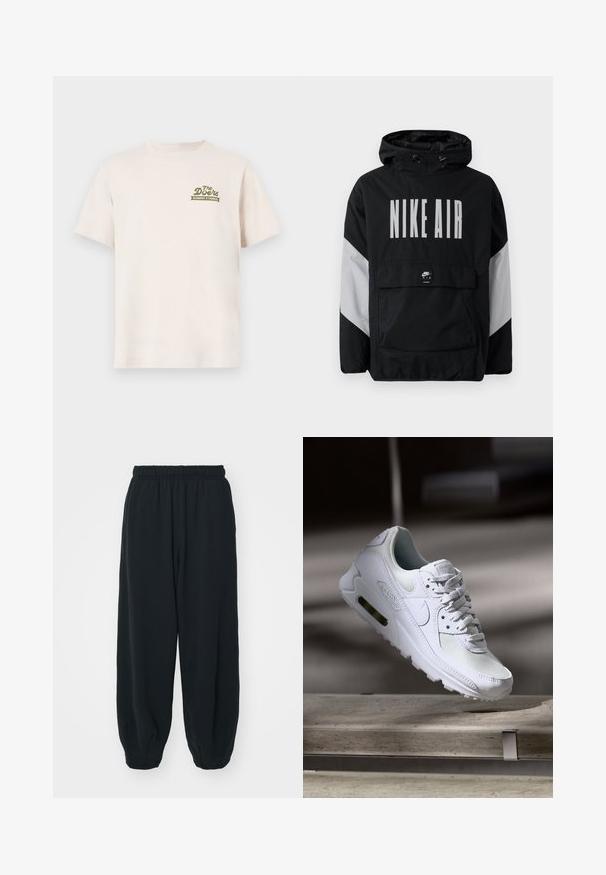 Cazadora negra con capucha, que presenta "NIKE AIR" en grandes letras blancas. Acentos grises en los hombros y un bolsillo frontal tipo pouch. Diseño elegante.; Camiseta de algodón crema con mangas cortas. Presenta un texto de logo en verde "The Doors ELEMENT X TIMBER!" en la parte superior izquierda del pecho.; Pantalones de chándal negros con cintura elástica, de corte holgado, con puños en los tobillos, textura suave y sin patrones visibles ni acentos metálicos.; Zapatilla Nike Air Max 90 blanca con parte superior de malla y cuero, caja de puntera perforada y unidad de aire visible en el talón.