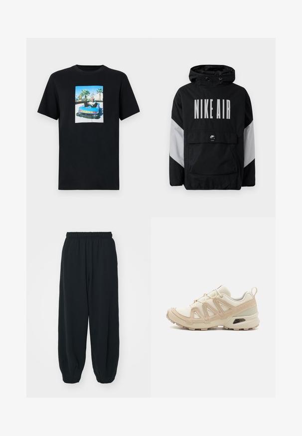 Černá větrovka s kapucí, na které je velký nápis "NIKE AIR" bílou barvou. Šedé akcenty na ramenech a přední kapsa. Elegantní design.; Černé bavlněné tričko s námětem čtvercového grafického znaku modrého hračkového auta, ve kterém sedí muž, obklopený palmami.; Černé teplákové kalhoty s elastickým pasem, volným střihem, manžetami na kotnících, hladkým povrchem a bez viditelných vzorů či kovových detailů.; Béžová a krémová sportovní obuv s texturovaným síťovaným svrškem, podpůrnými překryvy a gumovou podrážkou s dezénem pro lepší přilnavost.