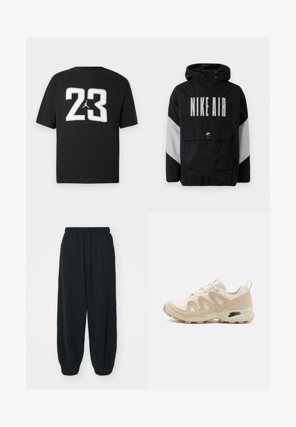 Μαύρο αδιάβροχο μπουφάν με κουκούλα, με μεγάλη λευκή επιγραφή "NIKE AIR". Γκρι λεπτομέρειες στους ώμους και μπροστινή τσέπη. Κομψός σχεδιασμός.; Μαύρο βαμβακερό μπλούζα με κοντά μανίκια και κλασικό σχεδιασμό κολάρου, που φέρει ένας μεγάλος λευκός αριθμός "23" και το λογότυπο Jumpman στο μπροστινό μέρος.; Μαύρες, φόρμες με ελαστική μέση και χαλαρή εφαρμογή, με ρεβέρ στους αστραγάλους, λεία υφή και χωρίς ορατά μοτίβα ή αξεσουάρ.; Μπεζ και κρεμ αθλητικό παπούτσι με υφασμάτινη άνω επιφάνεια με υφή, υποστηρικτικά overlay και καουτσούκ σόλα με σχέδιο πέλματος για πρόσφυση.