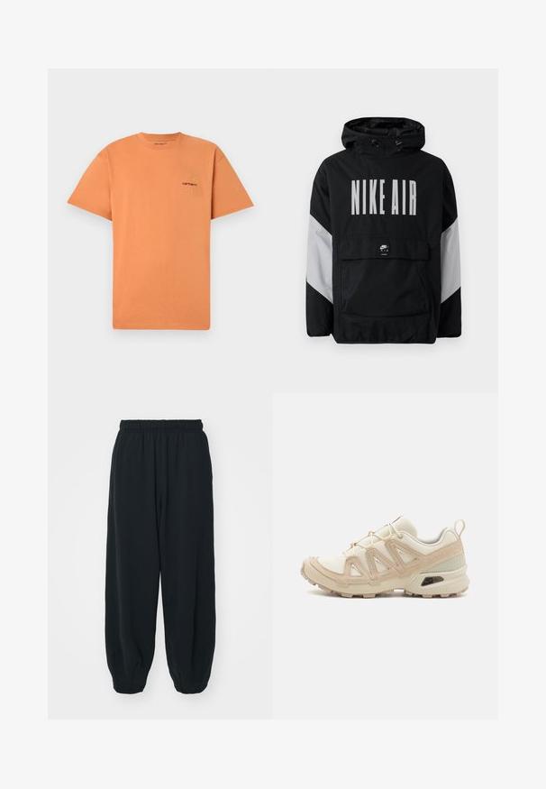 Crna jakna s kapuljačom, s natpisom "NIKE AIR" velikim bijelim slovima. Sivi akcenti na ramenima i prednji džep. Elegantni dizajn.; Narančasta pamučna majica s okruglim izrezom i kratkim rukavima. Ima mali vezeni Carhartt logo u crvenoj i žutoj boji na prsima.; Crne, dukserice s elastičnim strukom, širokog kroja, s manžetama na gležnjevima, glatke teksture i bez vidljivih uzoraka ili metalnih detalja.; Bež i kremasti sportski tenisice s teksturiranim mrežastim gornjim dijelom, potpornih preklopa i gumeni potplat s uzorcima za prianjanje.