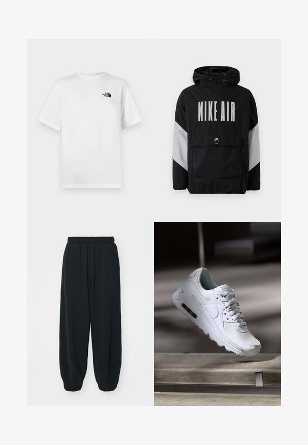 Juodas vėjaraščių striukė su kapišonu, ant kurio užrašyta "NIKE AIR" didelėmis baltomis raidėmis. Pilki akcentai ant pečių ir priekinė kišenė. Modernus dizainas.; Balta medvilnė marškinėliai su apvalia iškirpte ir trumpomis rankovėmis. Kairėje krūtinės pusėje yra mažas juodas logotipas. Lygus paviršius, paprastas dizainas.; Juodi, su elastiniu juosmeniu sportiniai kelnės su laisvu siluetu, suapvalintais kulkšnimis, lygia tekstūra ir be matomų raštų ar metalinių akcentų.; Baltos Nike Air Max 90 sportbačiai su.comi ir odos viršumi, perforuota pirštų dėžute ir matomu oro pagalvėle kulne.