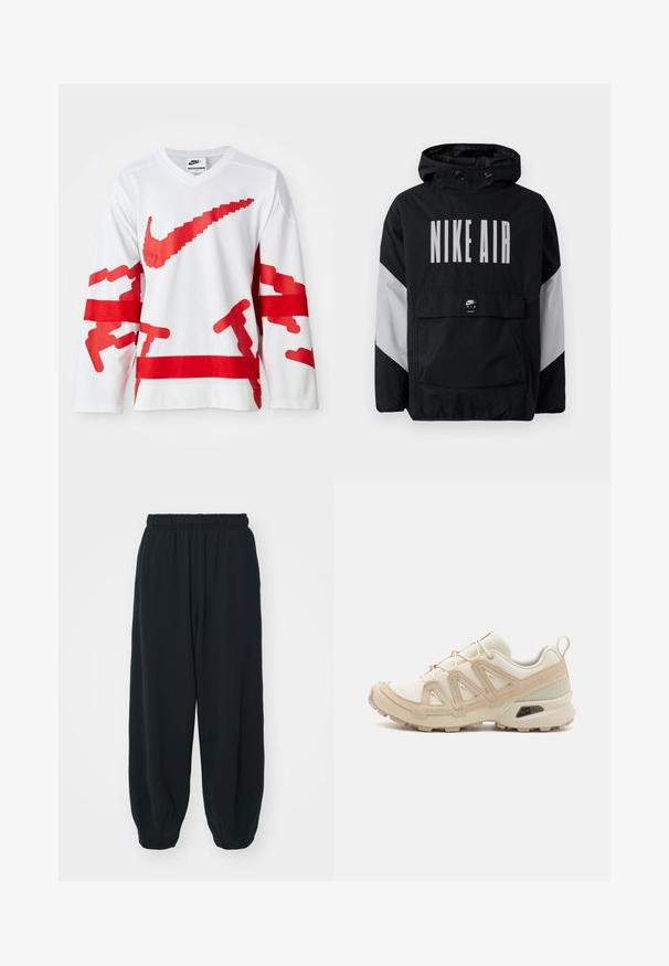 Casaco impermeável preto com capuz, apresentando "NIKE AIR" em grandes letras brancas. Detalhes cinzentos nos ombros e um bolso frontal tipo pouch. Design elegante.; Camisola de manga longa branca com elementos gráficos vermelhos, incluindo um grande logotipo da Nike, apresentando uma textura em malha e listras horizontais vermelhas contrastantes.; Calças de fato de treino pretas, com cintura elástica e um corte solto, com punhos nas pernas, textura suave e sem padrões visíveis ou detalhes de metal.; Sapatilha atlética beige e creme com parte superior em malha texturizada, sobreposições de suporte e sola de borracha com um padrão de cravo para tração.
