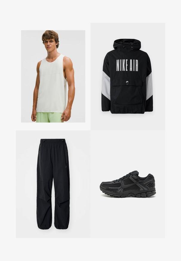 Črna vetrovka z kapuco, z velikim belim napisom "NIKE AIR". Sivi detajli na rami in sprednja žepa. Eleganten dizajn.; Mladenič oblečen v brezrokavni bel športni top in svetlo zelene športne hlače, ki stoji ob enobarvni beli ozadju.; Črne lahke cargo hlače z elastičnim pasom, stranskimi zadrgami in prostornimi žepi. Imajo ohlapno prileganje in zožene manšete.; Črne športne čevlje z mrežasto zgornjico, gumijastim podplatom in teksturiranimi detajli. Oblikovanje vključuje izstopajoč sistem vezalk in oblazinjen podplat.
