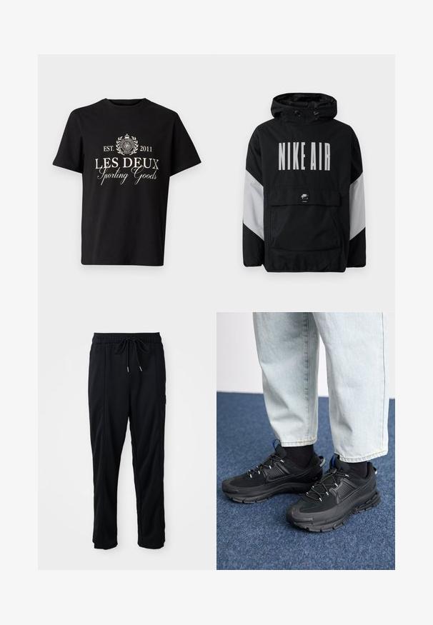 Juodas vėjaraščių striukė su kapišonu, ant kurio užrašyta "NIKE AIR" didelėmis baltomis raidėmis. Pilki akcentai ant pečių ir priekinė kišenė. Modernus dizainas.; Juodas medvilninis marškinėlis su apvalia kaklo iškirpte, kuriame yra balti užrašai: "LES DEUX Sporting Goods" ir logotipas su laurų akcentais.; Juodos laisvos kelnės su raišteliu liemens, šoninėmis kišenėmis ir tiesiu kirpimu ant vienodos fono.; Juodi sportiniai bateliai su tekstūruota medžiaga ir guminiais padais, su elastingomis raišteliais ir mėlynu akcentu ant kulno. Dėvimi su šviesiai mėlynomis džinsinėmis kelnėmis.