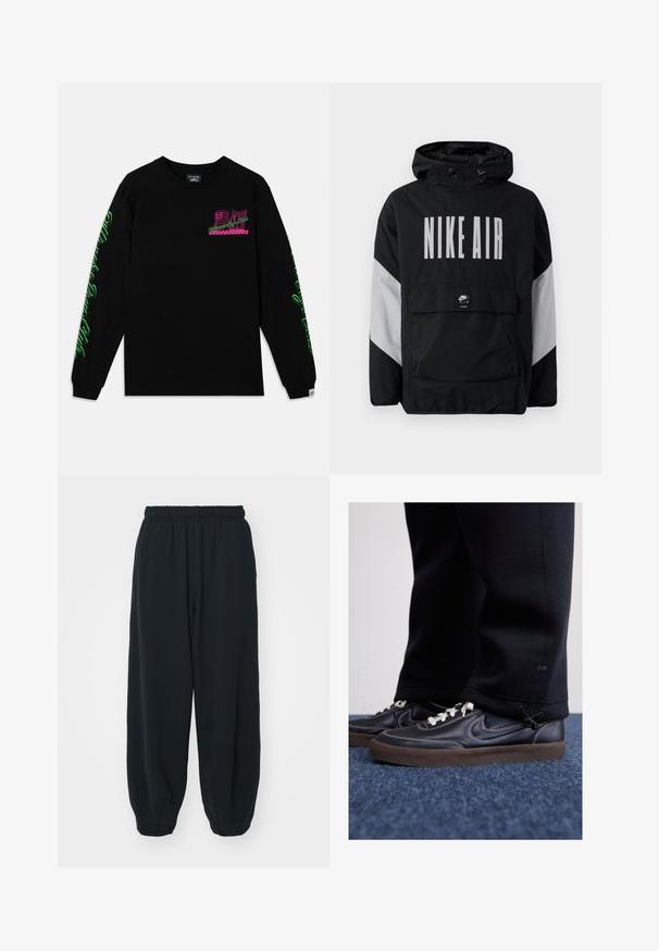 Casaco impermeável preto com capuz, apresentando "NIKE AIR" em grandes letras brancas. Detalhes cinzentos nos ombros e um bolso frontal tipo pouch. Design elegante.; Camisola preta de manga longa feita de algodão, com gráficos em rosa e verde no peito e nas mangas. Design simples de gola redonda e punhos canelados.; Calças de fato de treino pretas, com cintura elástica e um corte solto, com punhos nas pernas, textura suave e sem padrões visíveis ou detalhes de metal.; Nike Sportswear KILLSHOT 2 LTR PRM OPP2 - Sapatilhas - black sail baroque brown mtlc dk grey